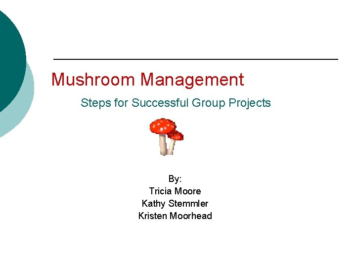  Mushroom Management Steps for Successful Group Projects By: Tricia Moore Kathy Stemmler Kristen