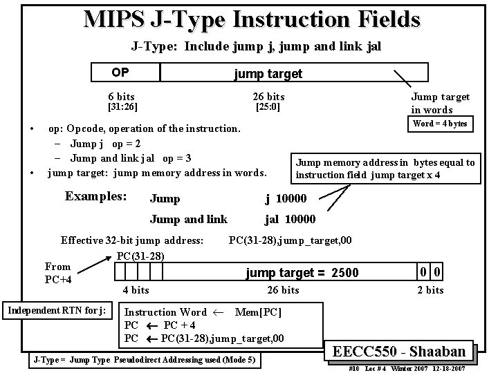 MIPS J-Type Instruction Fields J-Type: Include jump j, jump and link jal OP jump