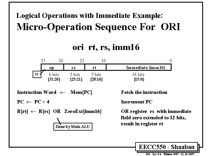 Logical Operations with Immediate Example: Micro-Operation Sequence For ORI ori rt, rs, imm 16