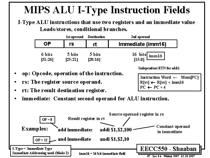 MIPS ALU I-Type Instruction Fields I-Type ALU instructions that use two registers and an