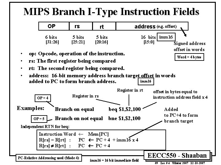 MIPS Branch I-Type Instruction Fields OP rs rt address (e. g. offset) 6 bits