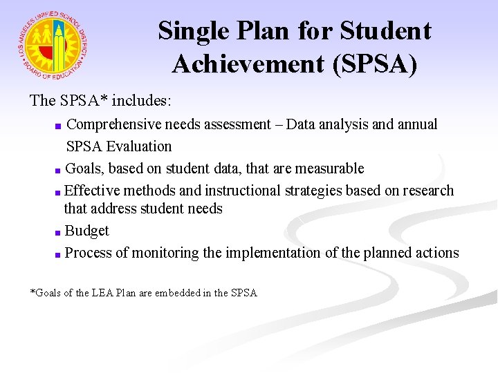 Single Plan for Student Achievement (SPSA) The SPSA* includes: Comprehensive needs assessment – Data