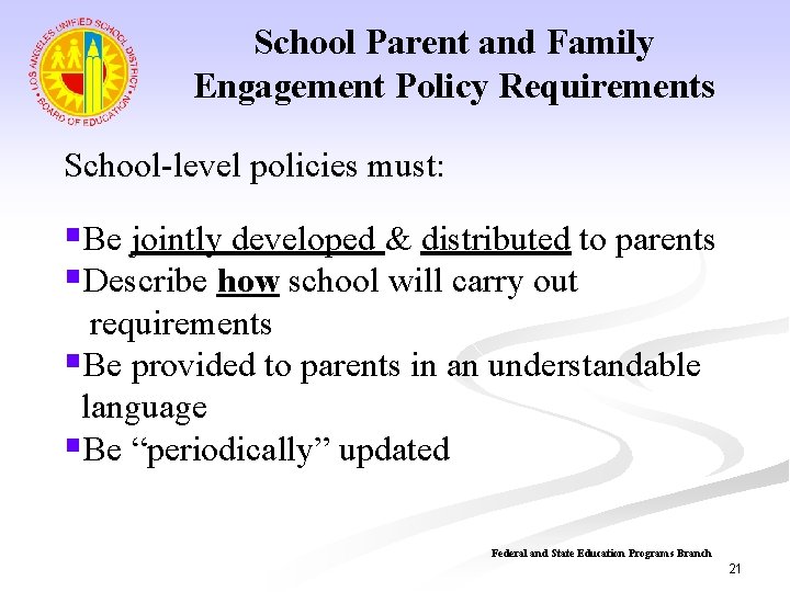 School Parent and Family Engagement Policy Requirements School-level policies must: §Be jointly developed &