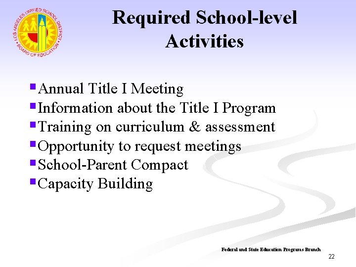 Required School-level Activities §Annual Title I Meeting §Information about the Title I Program §Training