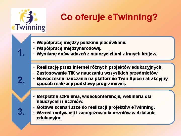 Co oferuje e. Twinning? 1. • Współpracę między polskimi placówkami. • Współpracę międzynarodową. •