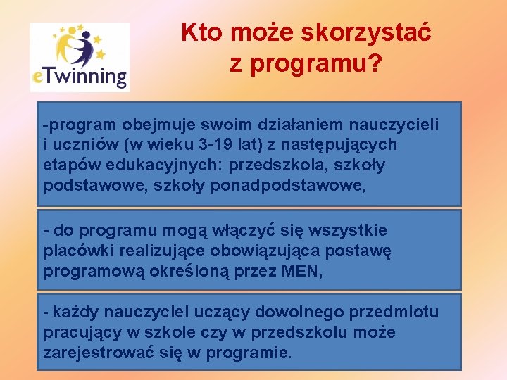 Kto może skorzystać z programu? -program obejmuje swoim działaniem nauczycieli i uczniów (w wieku