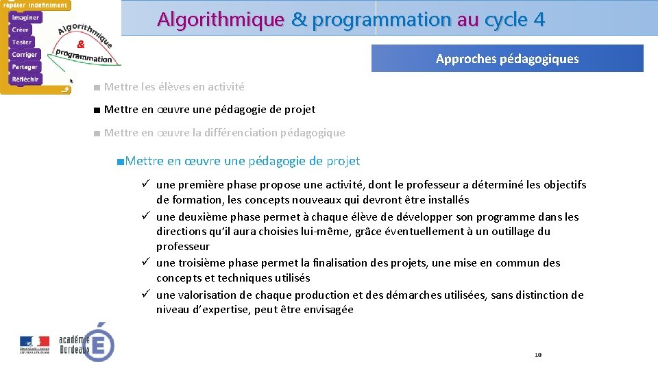 Algorithmique & programmation au cycle 4 Approches pédagogiques ■ Mettre les élèves en activité Algorithmique & programmation au cycle 4 Approches pédagogiques ■ Mettre les élèves en activité