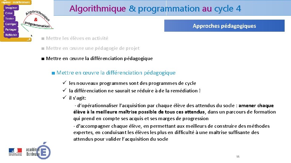 Algorithmique & programmation au cycle 4 Approches pédagogiques ■ Mettre les élèves en activité Algorithmique & programmation au cycle 4 Approches pédagogiques ■ Mettre les élèves en activité