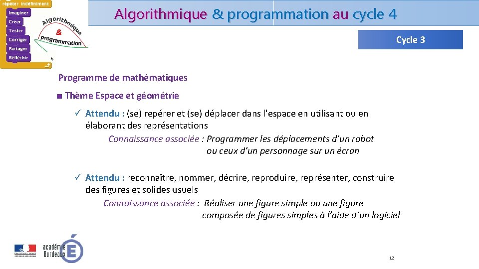 Algorithmique & programmation au cycle 4 Cycle 3 Programme de mathématiques ■ Thème Espace Algorithmique & programmation au cycle 4 Cycle 3 Programme de mathématiques ■ Thème Espace