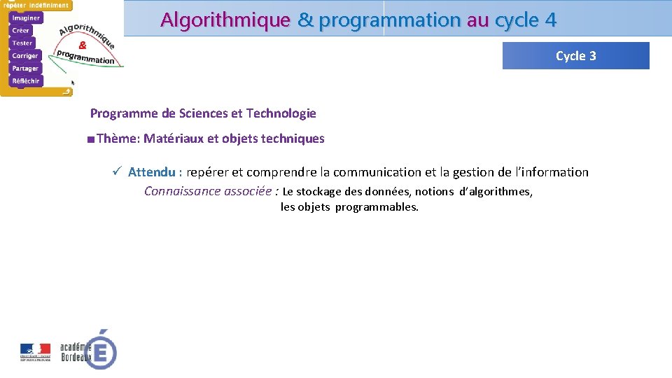 Algorithmique & programmation au cycle 4 Cycle 3 Programme de Sciences et Technologie ■ Algorithmique & programmation au cycle 4 Cycle 3 Programme de Sciences et Technologie ■