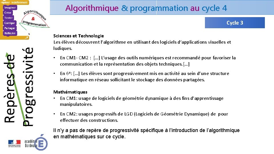 Repères de Progressivité Algorithmique & programmation au cycle 4 Cycle 3 Sciences et Technologie Repères de Progressivité Algorithmique & programmation au cycle 4 Cycle 3 Sciences et Technologie