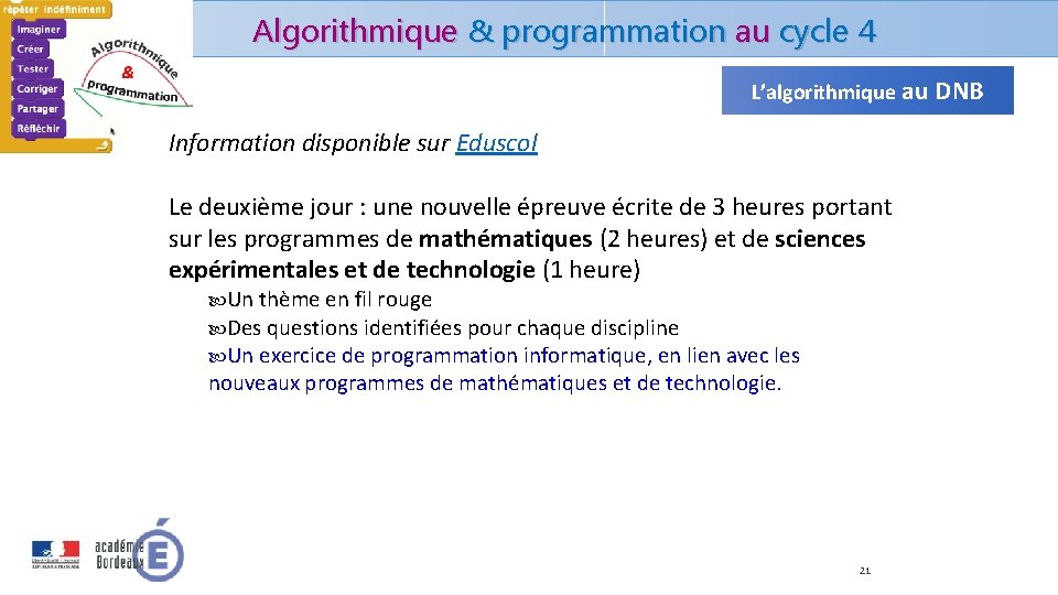 Algorithmique & programmation au cycle 4 L’algorithmique au DNB Information disponible sur Eduscol Le Algorithmique & programmation au cycle 4 L’algorithmique au DNB Information disponible sur Eduscol Le
