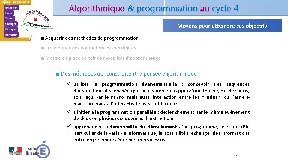 Algorithmique & programmation au cycle 4 Moyens pour atteindre ces objectifs ■ Acquérir des Algorithmique & programmation au cycle 4 Moyens pour atteindre ces objectifs ■ Acquérir des