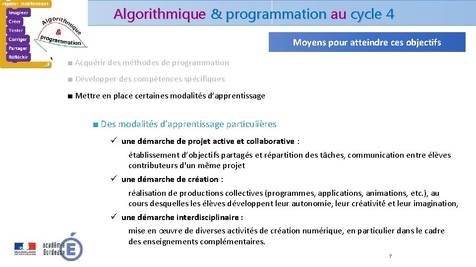 Algorithmique & programmation au cycle 4 Moyens pour atteindre ces objectifs ■ Acquérir des Algorithmique & programmation au cycle 4 Moyens pour atteindre ces objectifs ■ Acquérir des