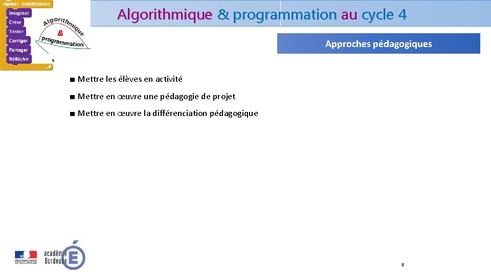 Algorithmique & programmation au cycle 4 Approches pédagogiques ■ Mettre les élèves en activité Algorithmique & programmation au cycle 4 Approches pédagogiques ■ Mettre les élèves en activité