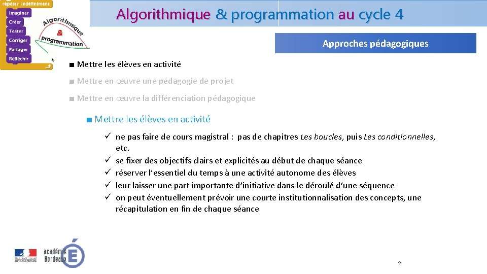 Algorithmique & programmation au cycle 4 Approches pédagogiques ■ Mettre les élèves en activité Algorithmique & programmation au cycle 4 Approches pédagogiques ■ Mettre les élèves en activité