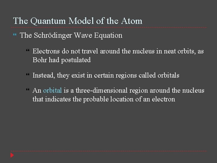 The Quantum Model of the Atom The Schrödinger Wave Equation Electrons do not travel