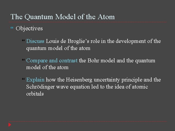 The Quantum Model of the Atom Objectives Discuss Louis de Broglie’s role in the