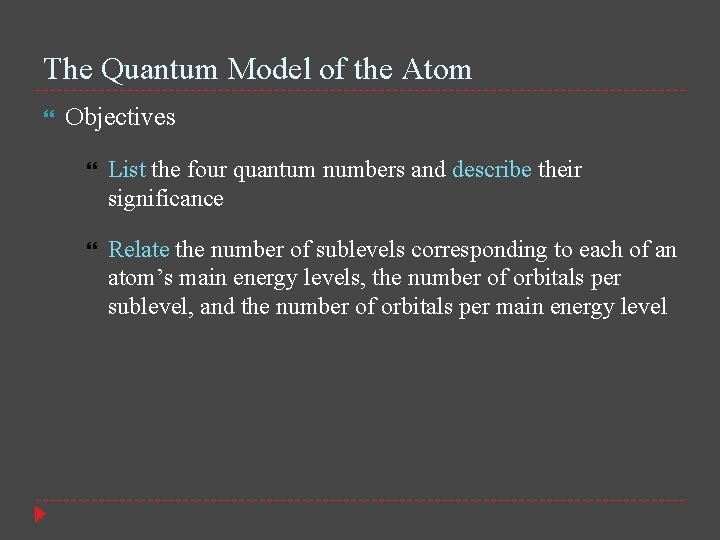 The Quantum Model of the Atom Objectives List the four quantum numbers and describe