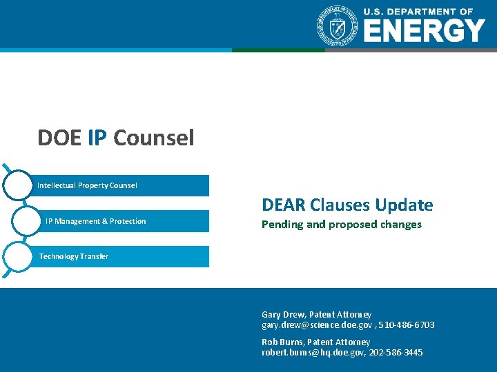 DOE IP Counsel Intellectual Property Counsel IP Management & Protection DEAR Clauses Update Pending