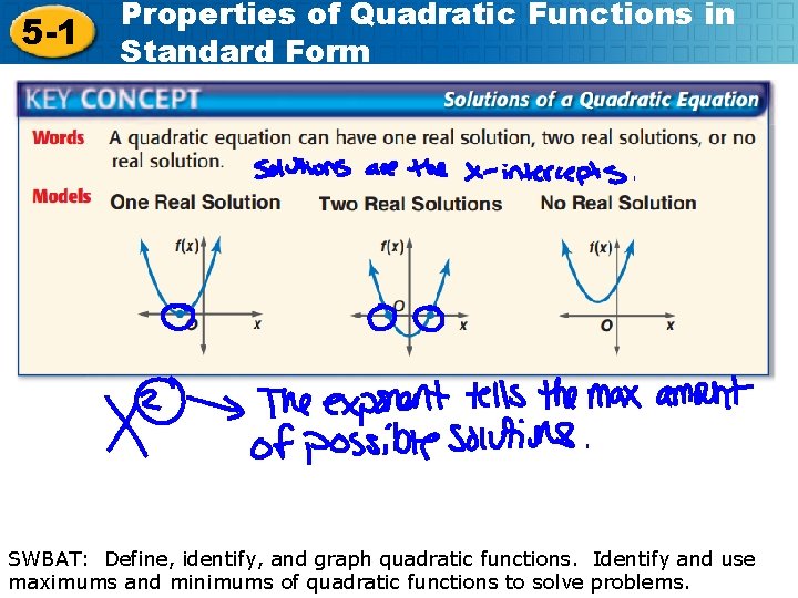 5 -1 Properties of Quadratic Functions in Standard Form SWBAT: Define, identify, and graph