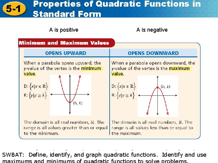 5 -1 Properties of Quadratic Functions in Standard Form A is positive A is