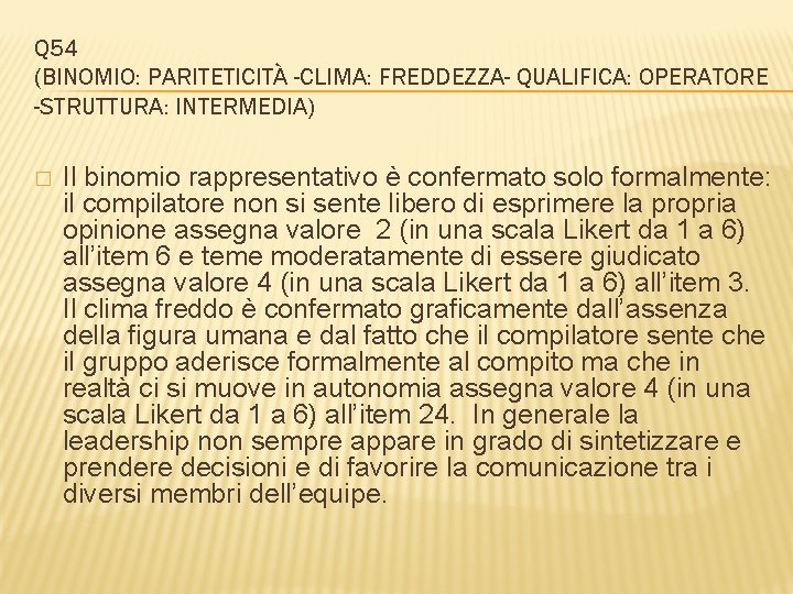 Q 54 (BINOMIO: PARITETICITÀ -CLIMA: FREDDEZZA- QUALIFICA: OPERATORE -STRUTTURA: INTERMEDIA) � Il binomio rappresentativo