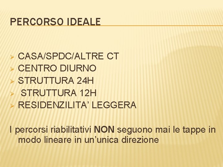 PERCORSO IDEALE Ø Ø Ø CASA/SPDC/ALTRE CT CENTRO DIURNO STRUTTURA 24 H STRUTTURA 12