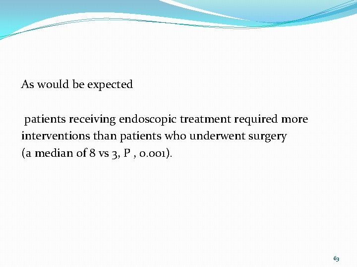 As would be expected patients receiving endoscopic treatment required more interventions than patients who