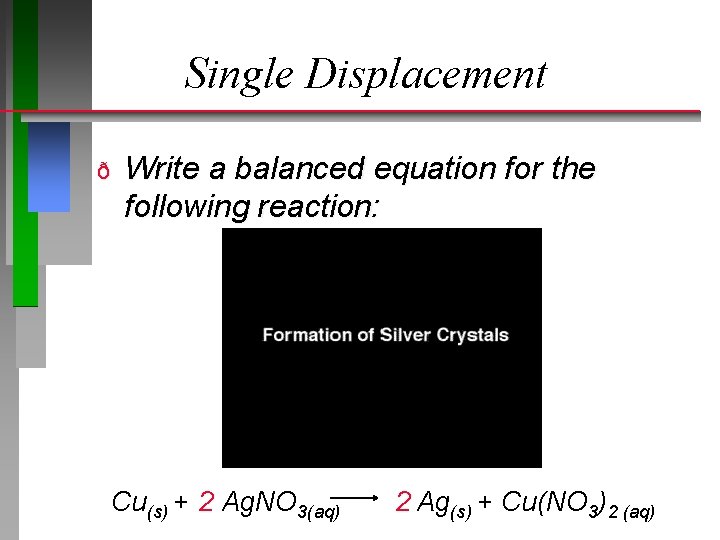 Single Displacement ð Write a balanced equation for the following reaction: Cu(s) + 2