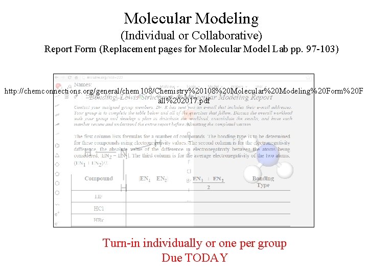 Molecular Modeling (Individual or Collaborative) Report Form (Replacement pages for Molecular Model Lab pp.