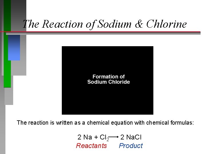The Reaction of Sodium & Chlorine The reaction is written as a chemical equation