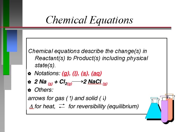 Chemical Equations Chemical equations describe the change(s) in Reactant(s) to Product(s) including physical state(s).