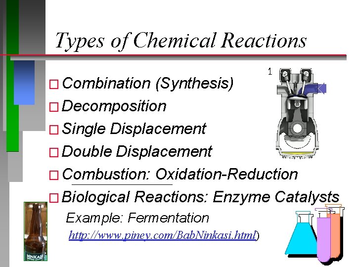 Types of Chemical Reactions � Combination (Synthesis) � Decomposition � Single Displacement � Double