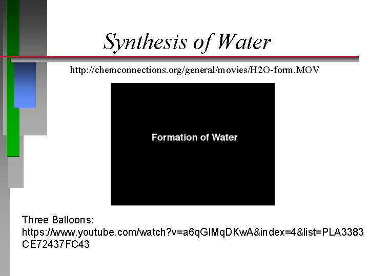 Synthesis of Water http: //chemconnections. org/general/movies/H 2 O-form. MOV Three Balloons: https: //www. youtube.