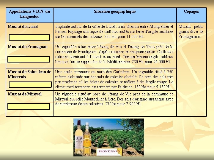 Appellations V. D. N. du Languedoc Situation géographique Cépages Muscat de Lunel Implanté autour