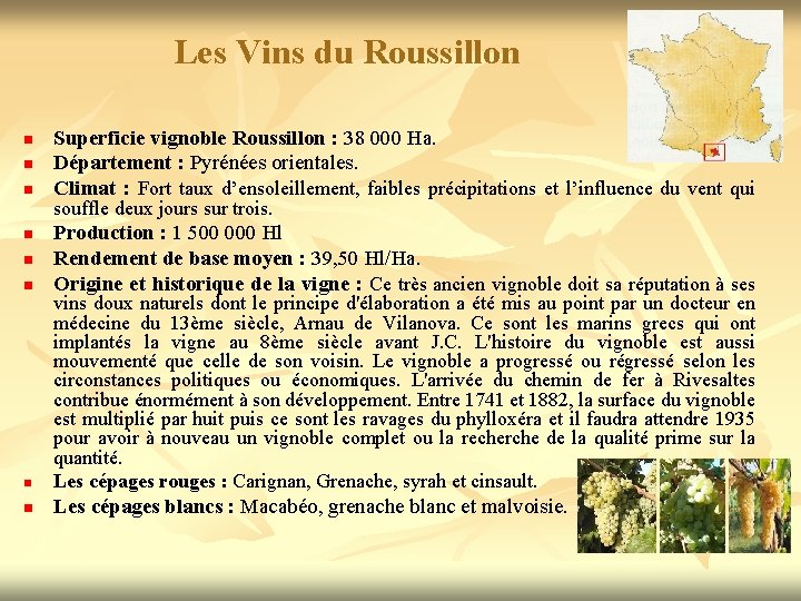 Les Vins du Roussillon n n n Superficie vignoble Roussillon : 38 000 Ha.