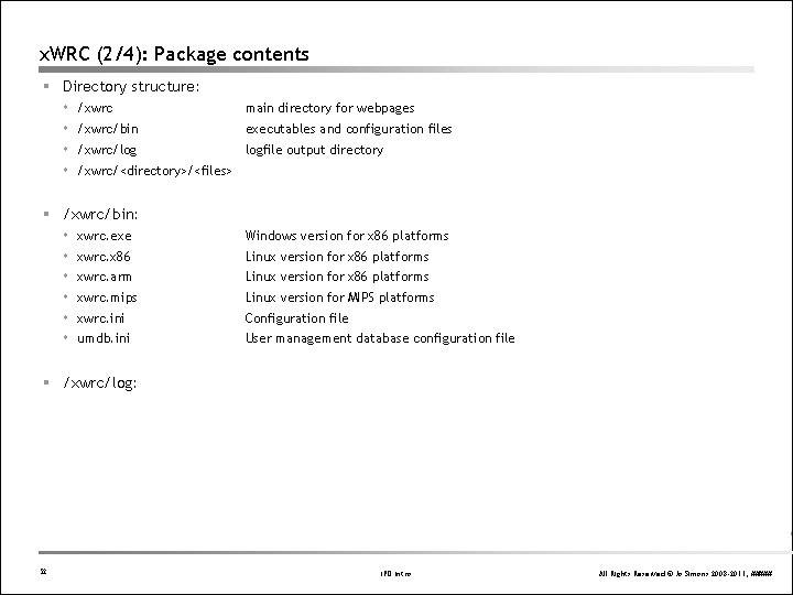 x. WRC (2/4): Package contents § Directory structure: /xwrc main directory for webpages /xwrc/bin x. WRC (2/4): Package contents § Directory structure: /xwrc main directory for webpages /xwrc/bin