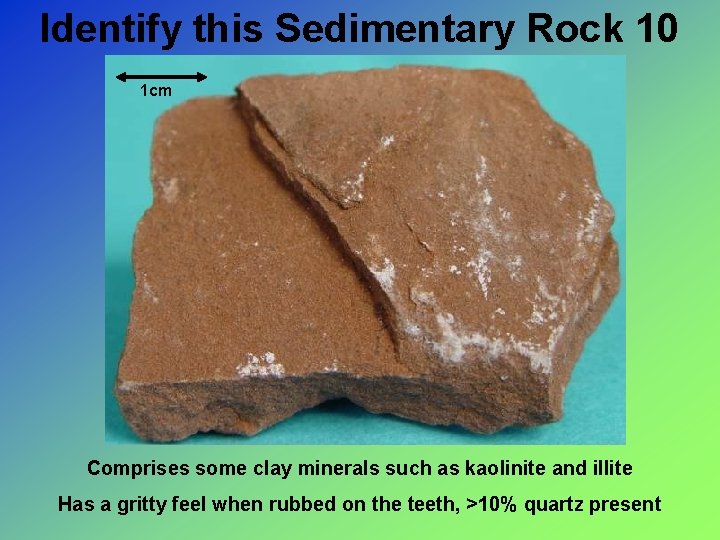 Identify this Sedimentary Rock 10 1 cm Comprises some clay minerals such as kaolinite