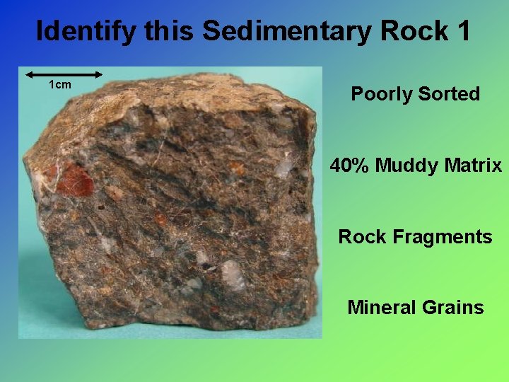 Identify this Sedimentary Rock 1 1 cm Poorly Sorted 40% Muddy Matrix Rock Fragments