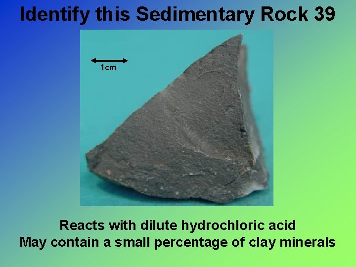 Identify this Sedimentary Rock 39 1 cm Reacts with dilute hydrochloric acid May contain