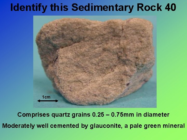 Identify this Sedimentary Rock 40 1 cm Comprises quartz grains 0. 25 – 0.