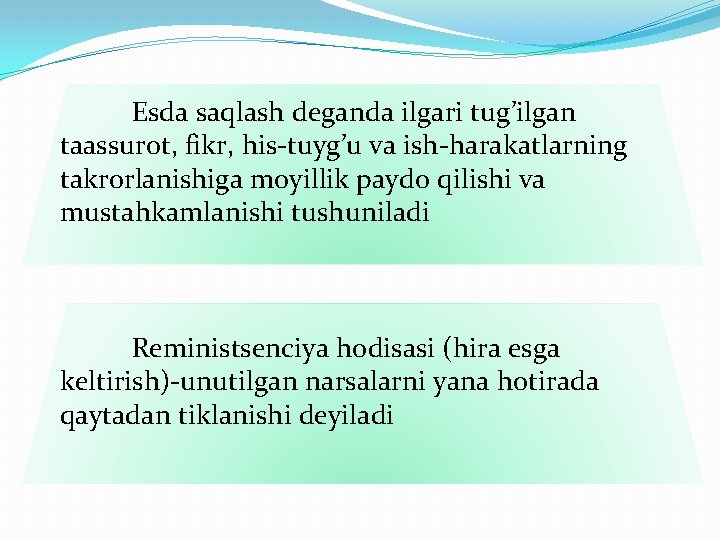 Esda saqlash deganda ilgari tug’ilgan taassurot, fikr, his-tuyg’u va ish-harakatlarning takrorlanishiga moyillik paydo qilishi