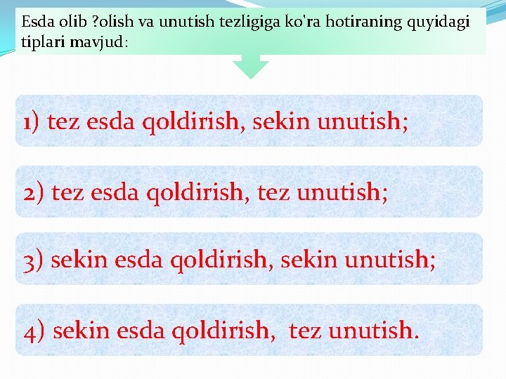 Esda olib ? olish va unutish tezligiga ko'ra hotiraning quyidagi tiplari mavjud: 1) tez