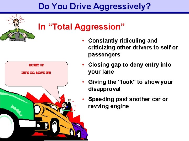 Do You Drive Aggressively? In “Total Aggression” • Constantly ridiculing and criticizing other drivers