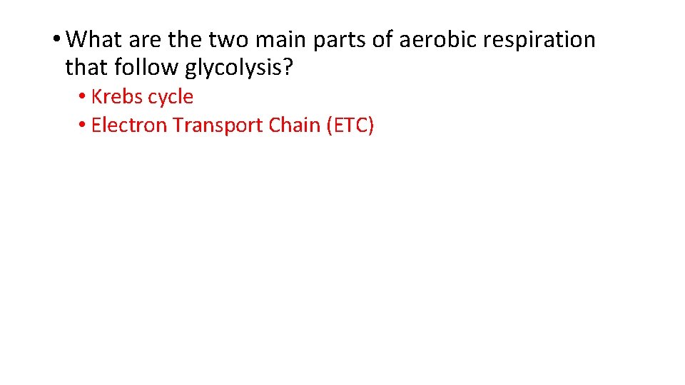 • What are the two main parts of aerobic respiration that follow glycolysis? • What are the two main parts of aerobic respiration that follow glycolysis?