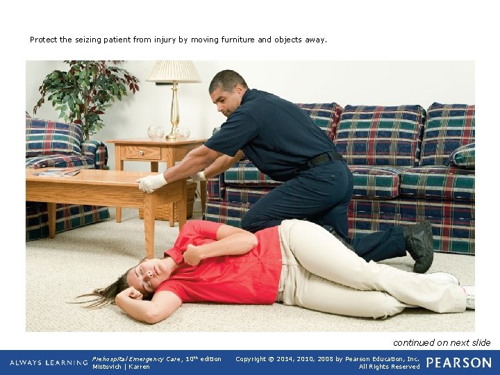 Protect the seizing patient from injury by moving furniture and objects away. continued on