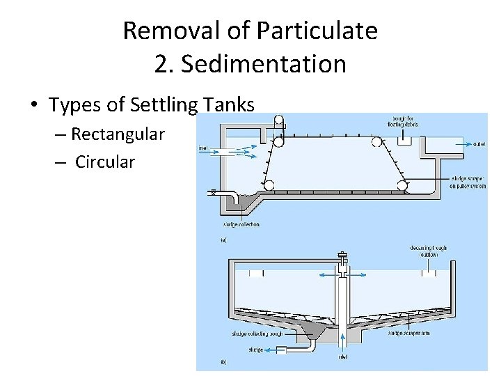 Removal of Particulate 2. Sedimentation • Types of Settling Tanks – Rectangular – Circular