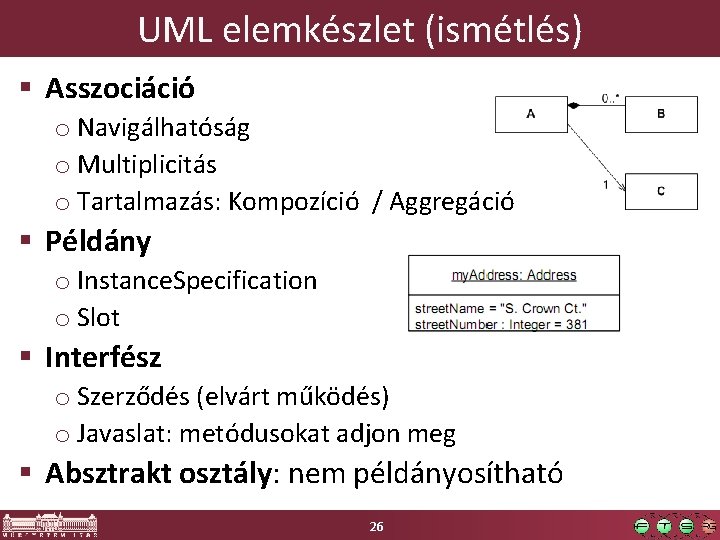 UML elemkészlet (ismétlés) § Asszociáció o Navigálhatóság o Multiplicitás o Tartalmazás: Kompozíció / Aggregáció