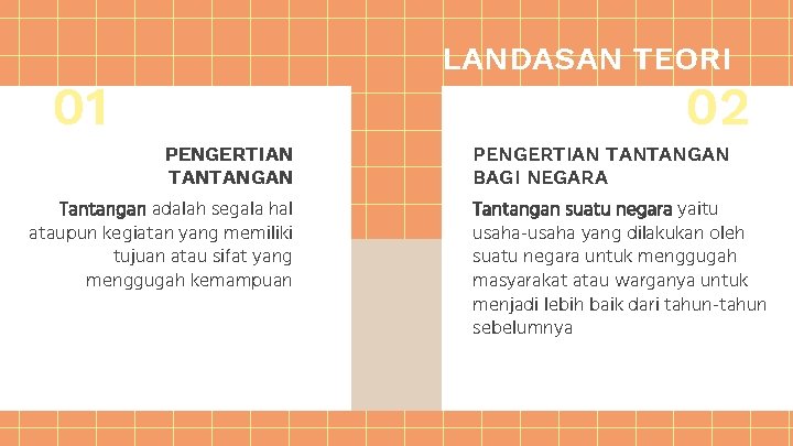 01 LANDASAN TEORI PENGERTIAN TANTANGAN Tantangan adalah segala hal ataupun kegiatan yang memiliki tujuan